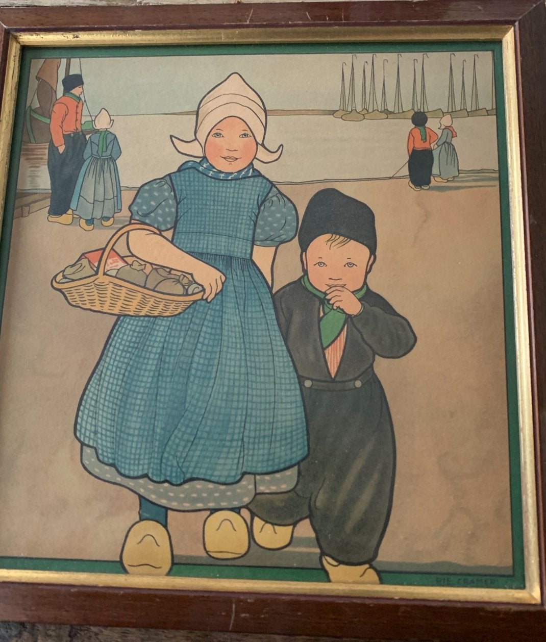 Volendam litho in lijst 2 kinderen in klederdracht, Ophalen of Verzenden