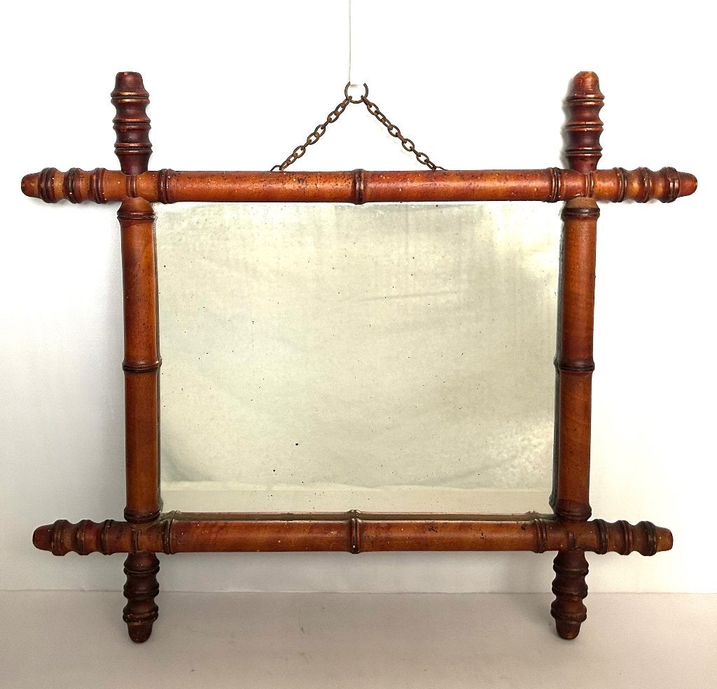 Antieke Houten Faux Bamboe Bambou Spiegel 46x41cm, Antiek en Kunst, Ophalen of Verzenden, Rechthoekig