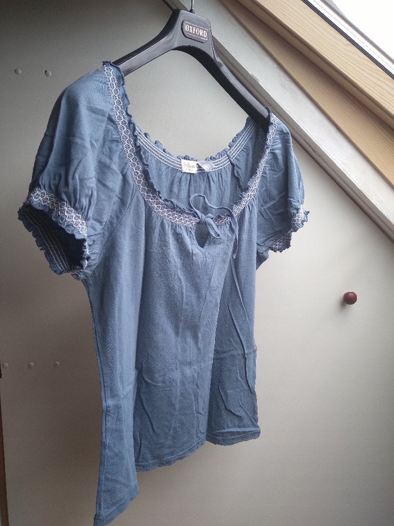 Blauw shirt met wijde hals, off-shoulder, maat 38/40/M, Maat 38/40 (M), Blauw, Ophalen of Verzenden, Korte mouw