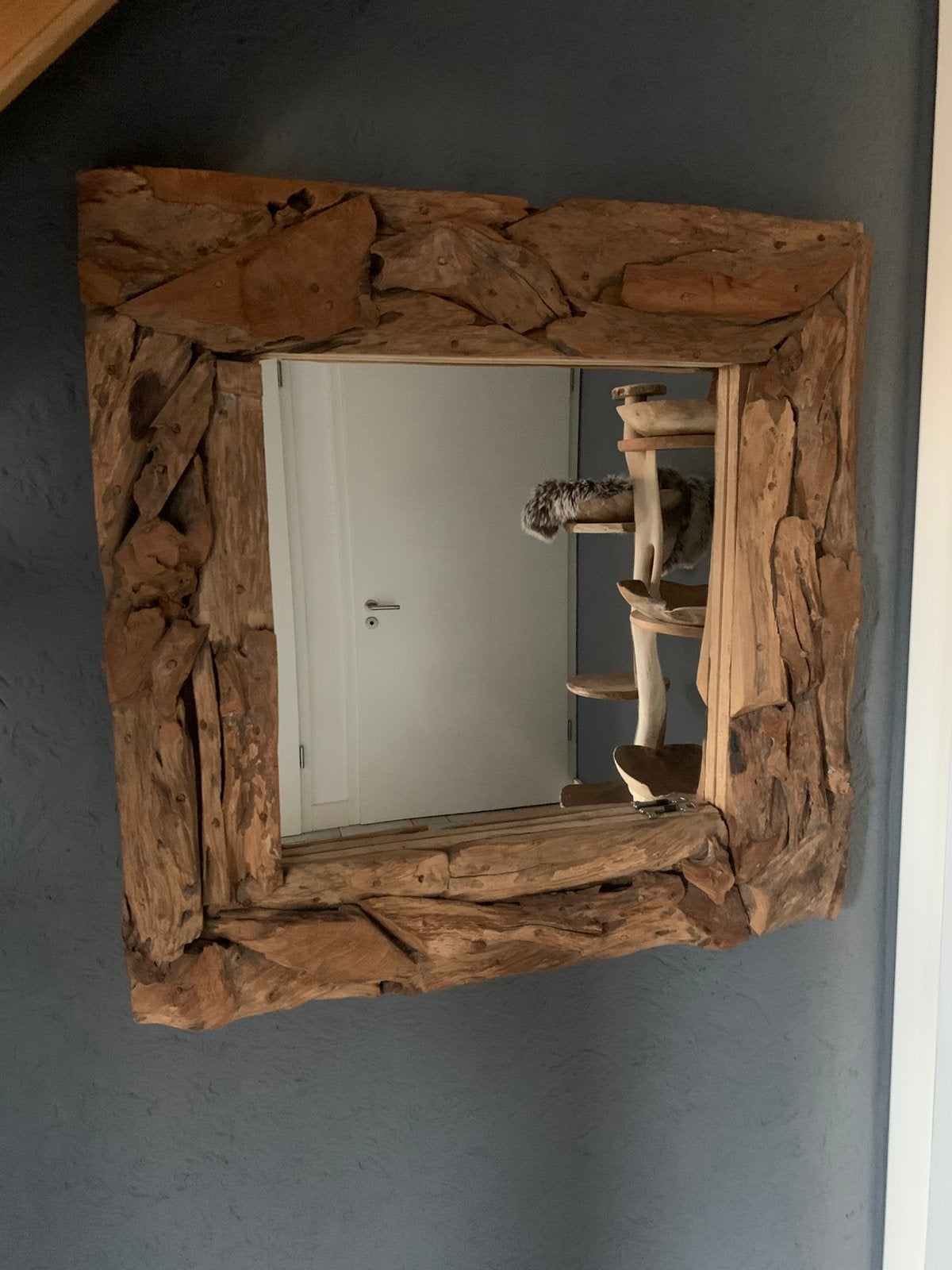 Teak wortel spiegel root, Ophalen, Vierkant, Zo goed als nieuw, 75 tot 100 cm