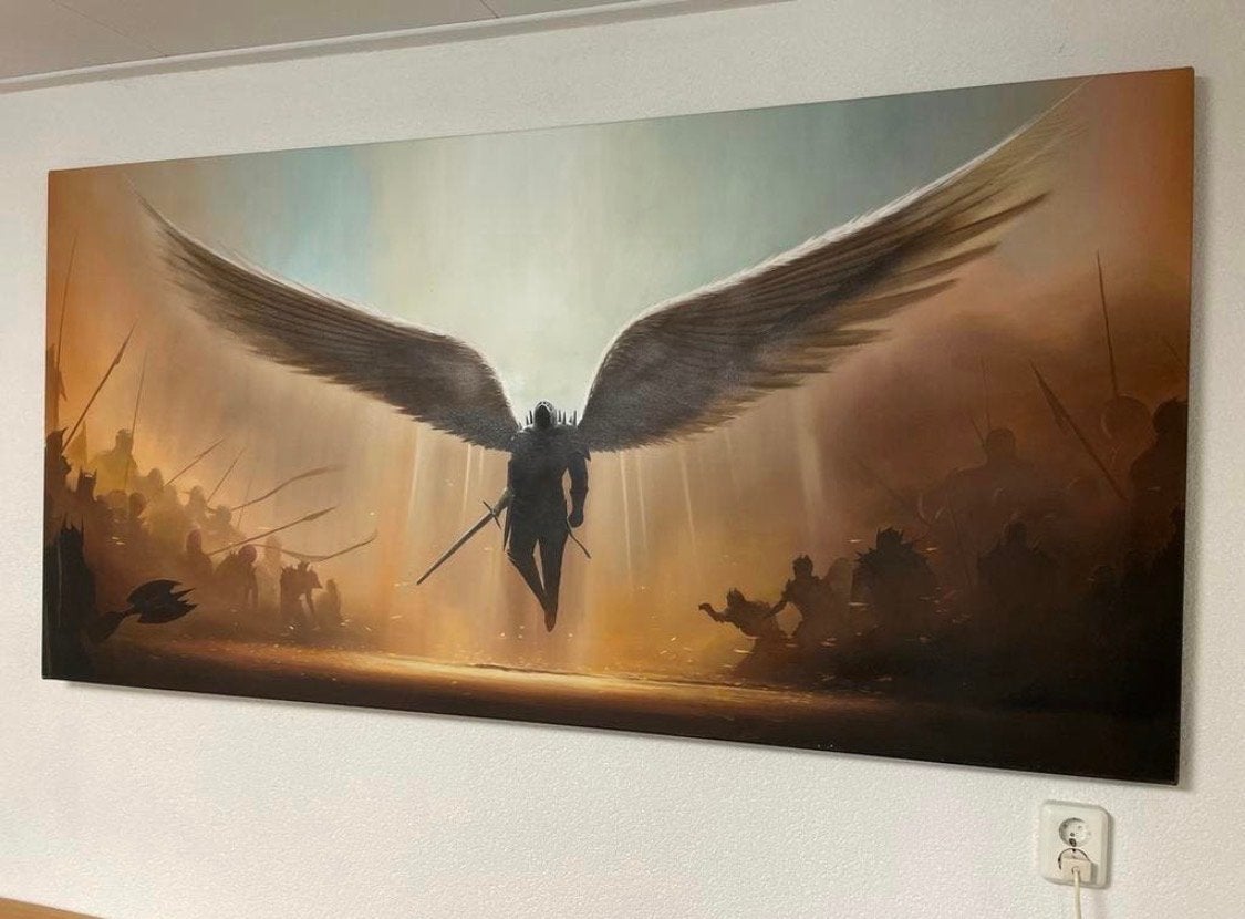 Groot schilderij: Engel met zwaard omringd door leger, Antiek en Kunst, Kunst | Schilderijen | Klassiek, Ophalen, Acrylverf, Doek