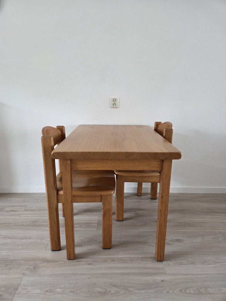 Massiet eiken tafel met 2 bijbehorende stoelen, Ophalen, Eikenhout, 200 cm of meer, 50 tot 100 cm