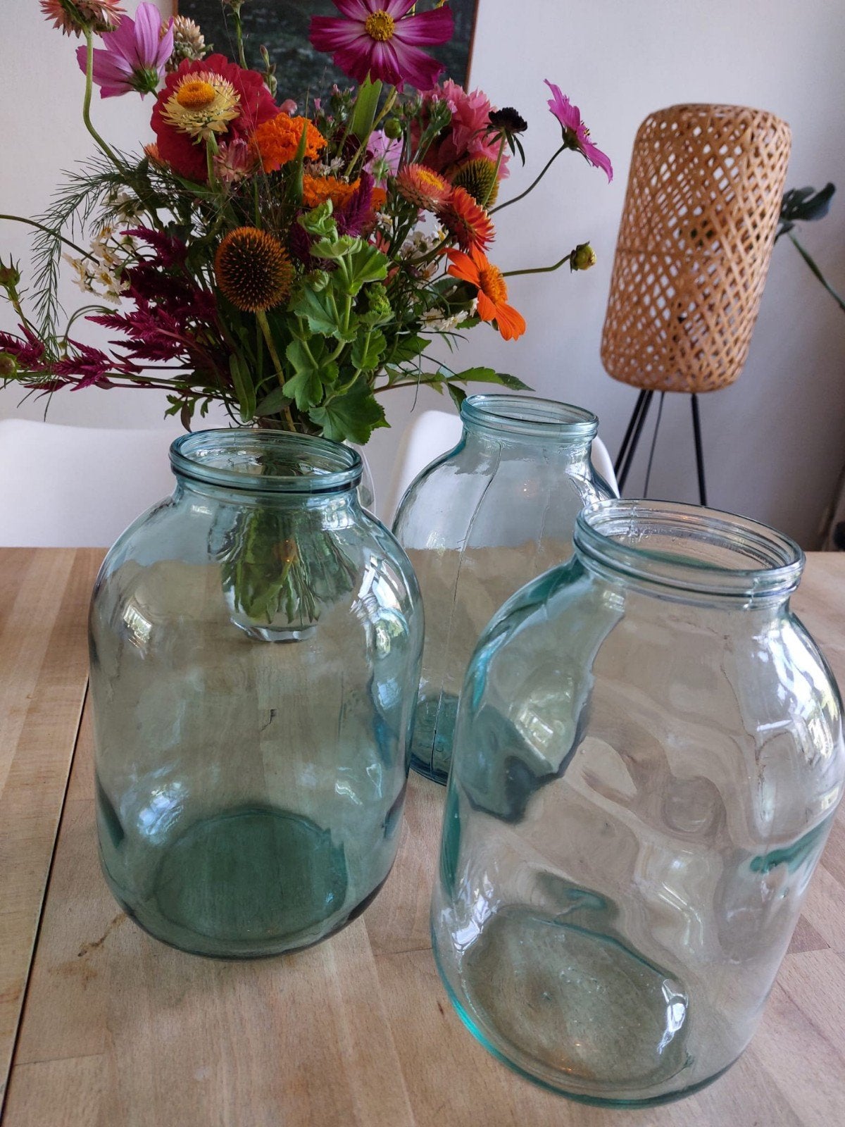 Set van 3 vintage Roemeense lichtgroene glazen vazen, Ophalen of Verzenden