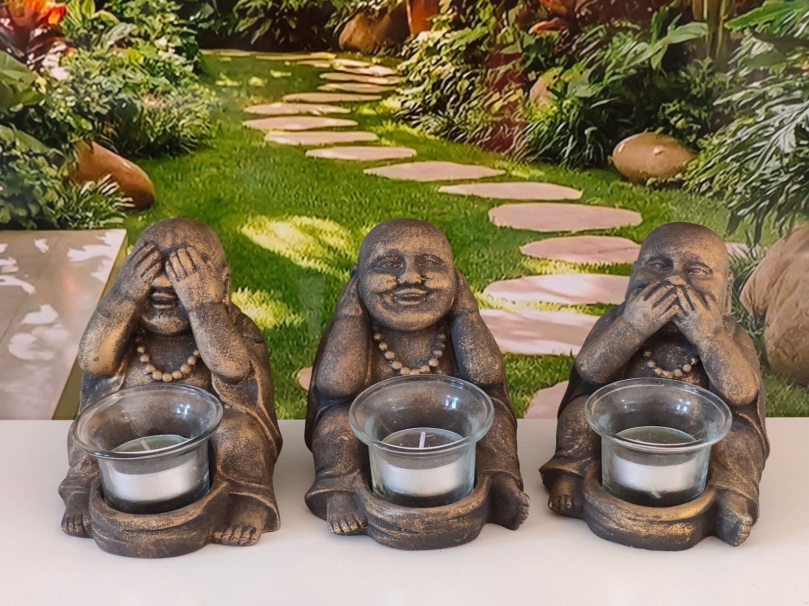 Set van Boeddha beeldjes en theelichthouders, Ophalen of Verzenden