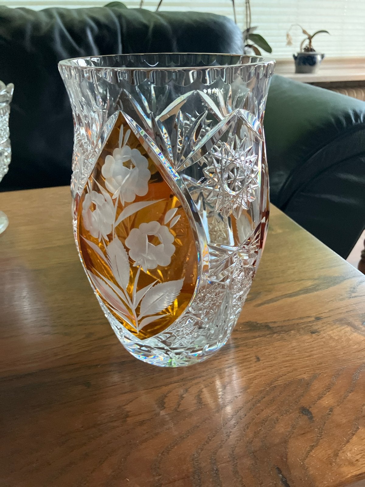 Prachtige Kristallen Vaas met Oranje Gravering, Ophalen