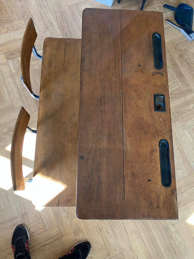 Vintage schoolbank met bankje - Hout en metaal, Ophalen of Verzenden