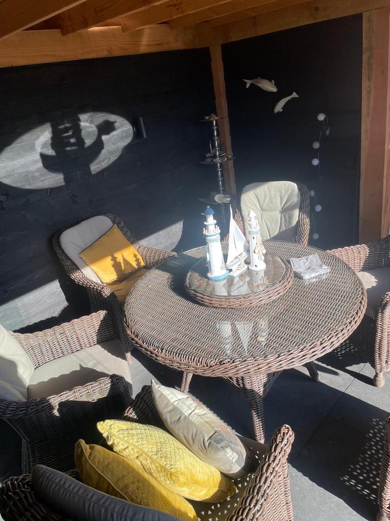 4 Seasons Outdoor Madoera diningset met 6 stoelen en tafel, Ophalen, Gebruikt, Eettafel, 6 zitplaatsen