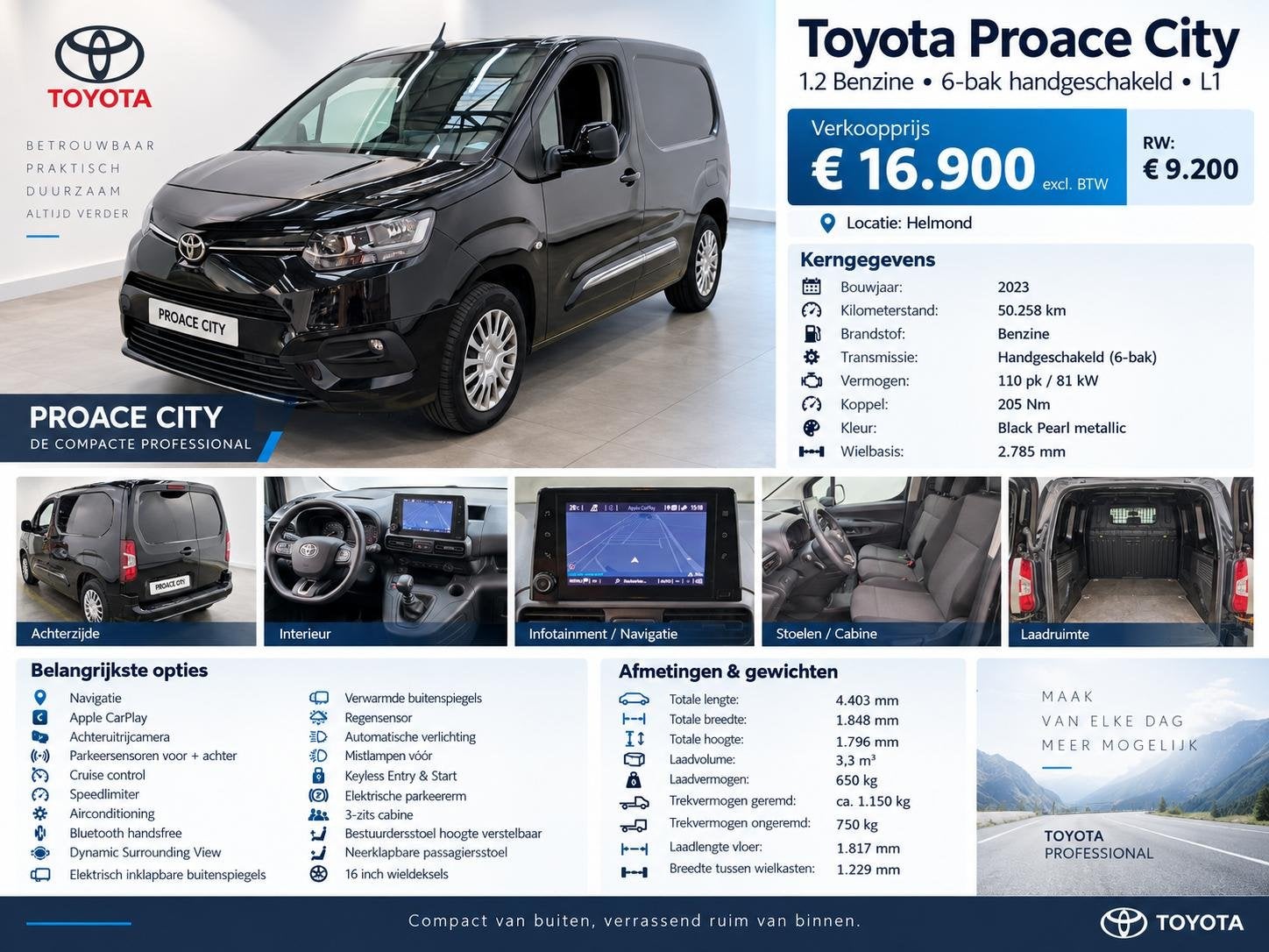Toyota PROACE CITY 1.2 Turbo Live Navi Carplay Camera PDC V+, Auto's, Voorwielaandrijving, 1199 cc, Zwart, Origineel Nederlands