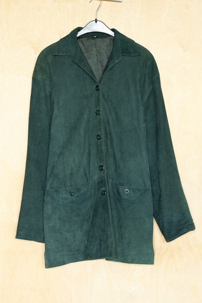 Donkergroene suede lange leren jas met zakken 40 M, Ophalen of Verzenden, Zo goed als nieuw, Maat 38/40 (M), Groen
