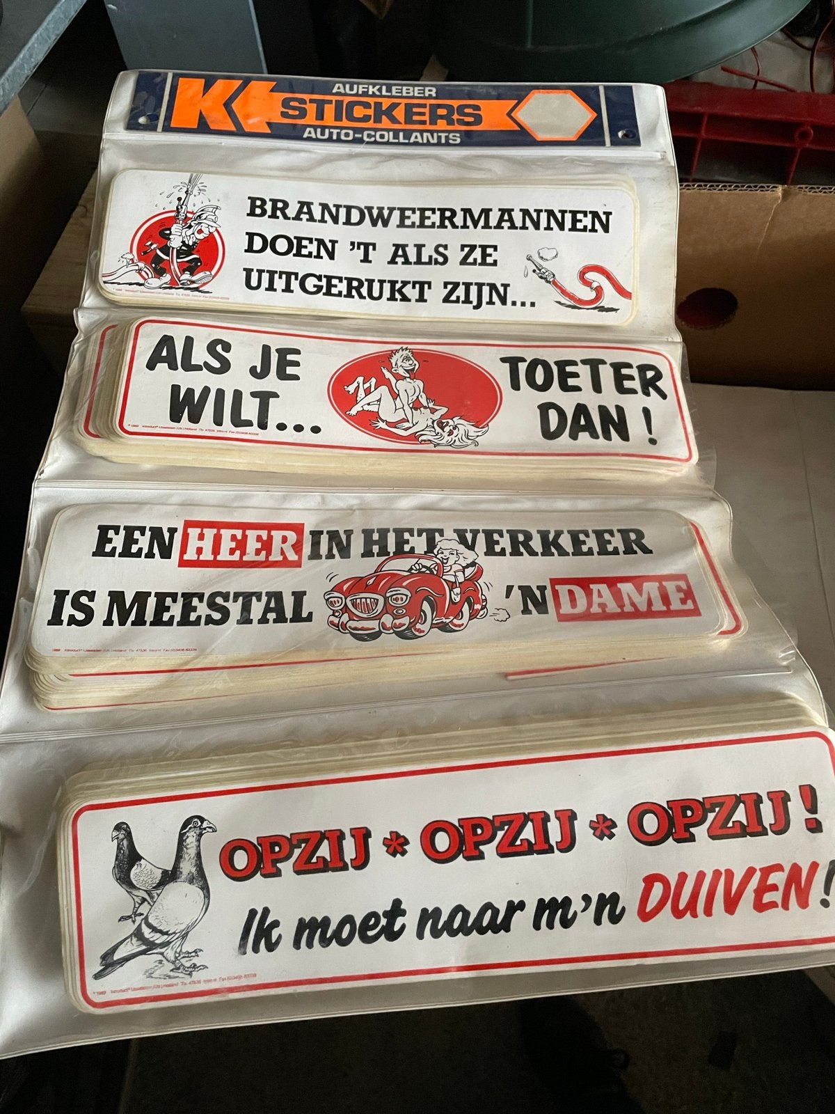 Vintage grappige auto stickers - diverse teksten, Auto diversen, Autostickers, Ophalen of Verzenden