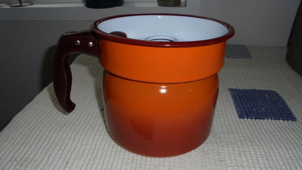 oranjegevlamd emaille melkkoker, doorsnee 17H16cm, Antiek en Kunst, Ophalen