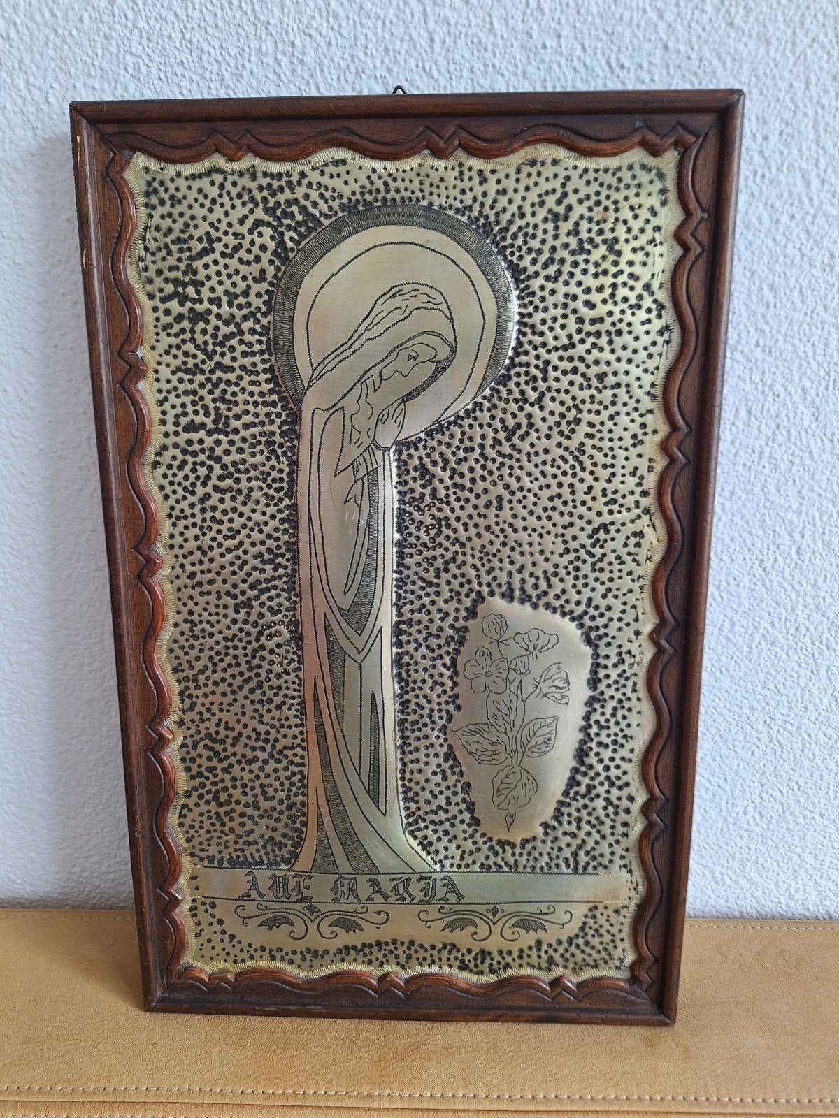 Vintage Ave Maria Plaquette - Koper en Hout (1955), Antiek en Kunst, Antiek | Religie, Ophalen