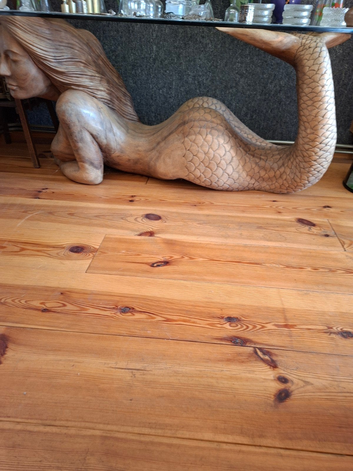 Unieke houten zeemeermin met glazen tafelblad, Ophalen, 50 - 100 cm, Handgemaakt, Zeeleven