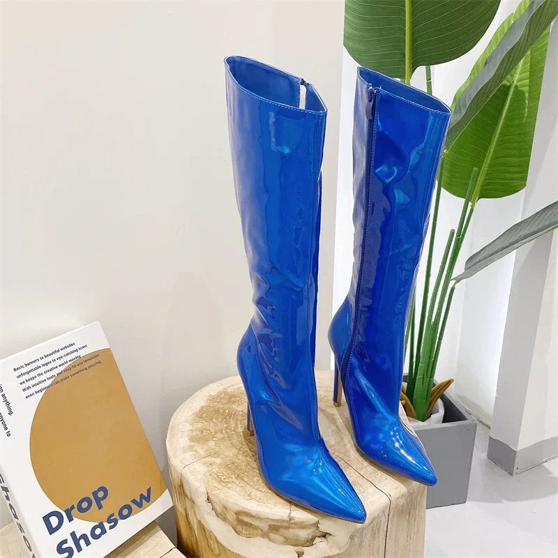 Blauwe glimmende hoge dames laarzen, Kleding | Dames, Schoenen, Verzenden, Nieuw, Blauw, Hoge laarzen
