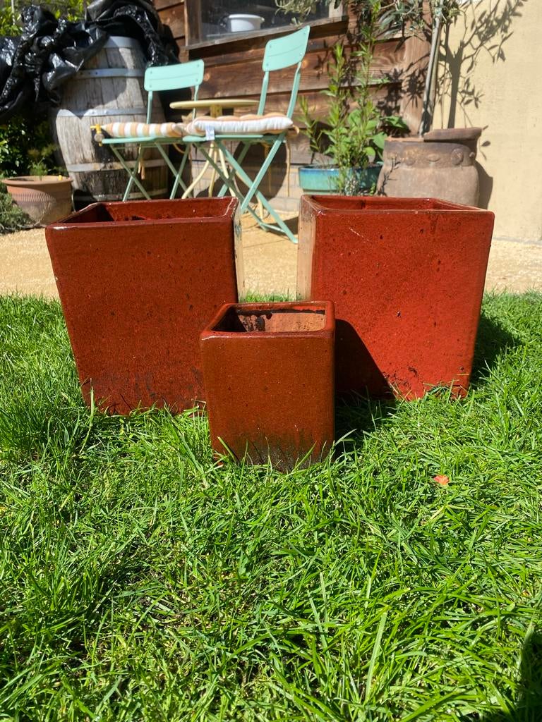Set van 3 vierkante terracotta bloempotten, Tuin en Terras, Gebruikt, Vierkant, Binnen, Terracotta