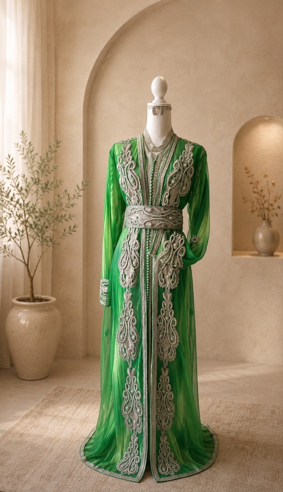 Prachtige Groene Kaftan te KOOP,met Zilveren Borduurdetails, Groen, Ophalen, Maat 38/40 (M), Onbekend