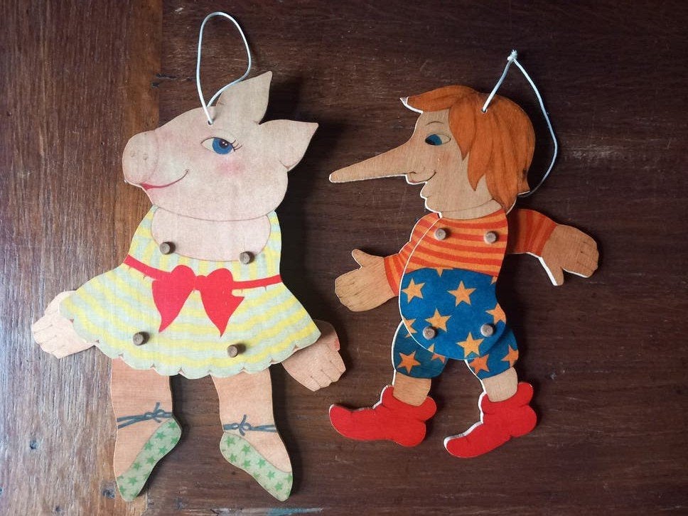 Vintage Hampelmann Pinokkio en Dansend Varkentje trekpoppen, Ophalen of Verzenden