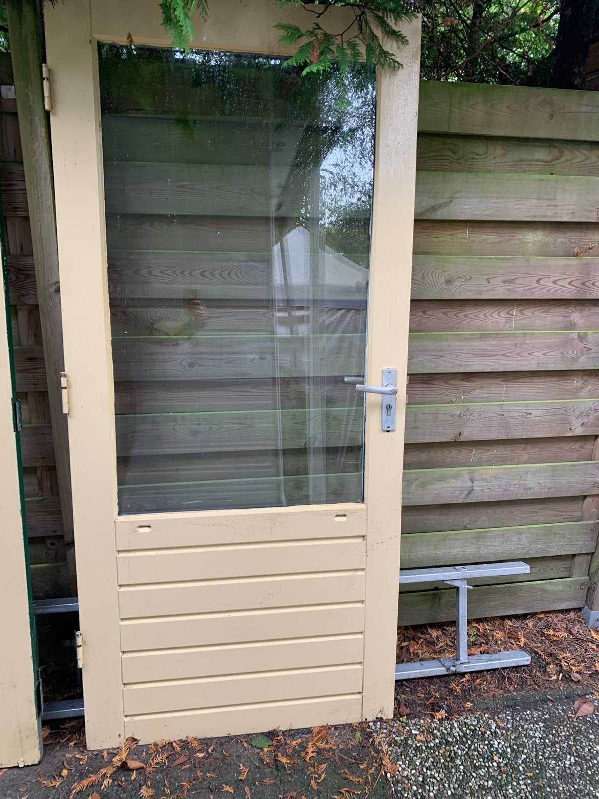 Hardhouten Buiten/binnendeur met dubbelglas - 201x92 cm, Ophalen, Gebruikt, 80 tot 100 cm, 200 tot 215 cm