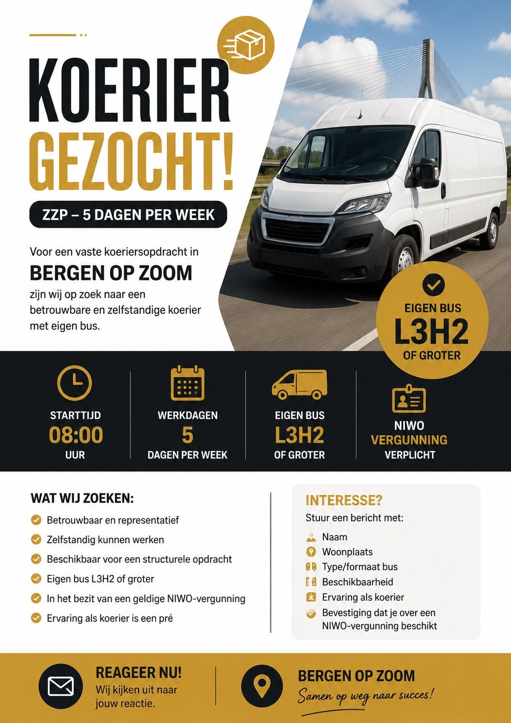 ZZP KOERIER GEZOCHT – BERGEN OP ZOOM, 33 - 40 uur, Overige niveaus, Freelance of Uitzendbasis
