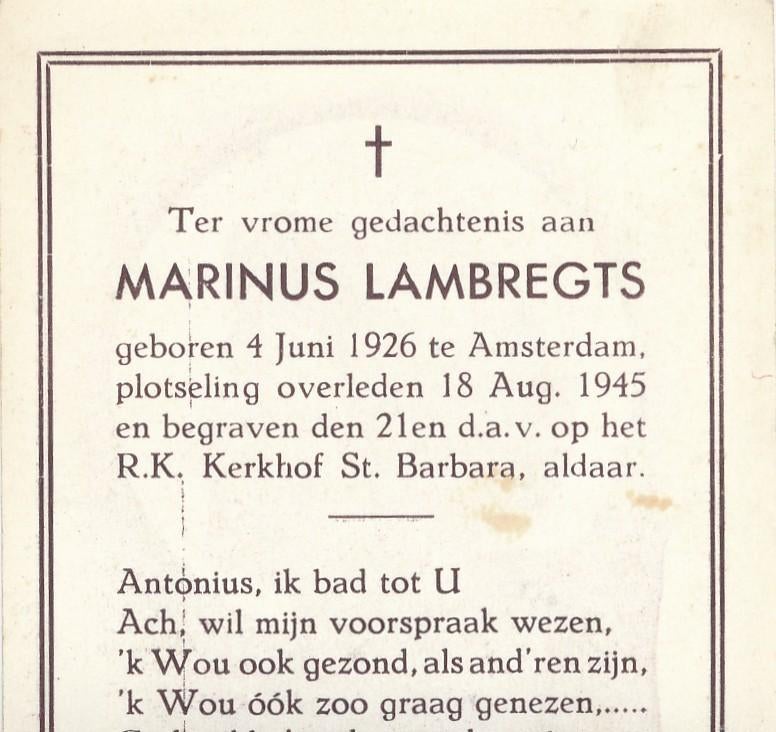A' Dam 1926 - 1945 Marinus Lambregts, Ophalen of Verzenden, Bidprentje