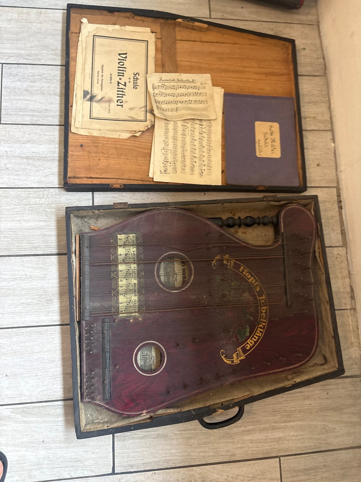 Antieke Viool-Zither / Citer met bladmuziek en koffer, Muziek en Instrumenten, Snaarinstrumenten | Overige, Ophalen, Gebruikt