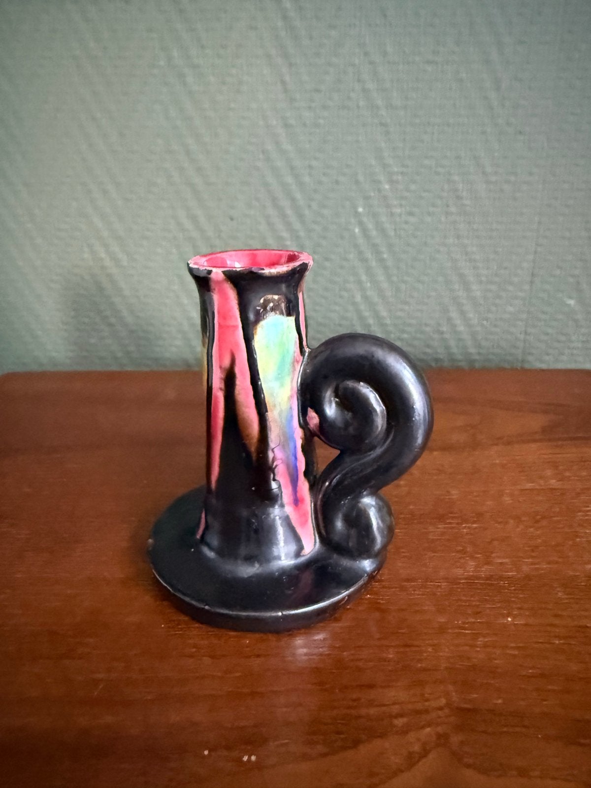 Antieke Kandelaar van Keramiek met Levendige Kleuren, Ophalen of Verzenden, Keramiek of Aardewerk