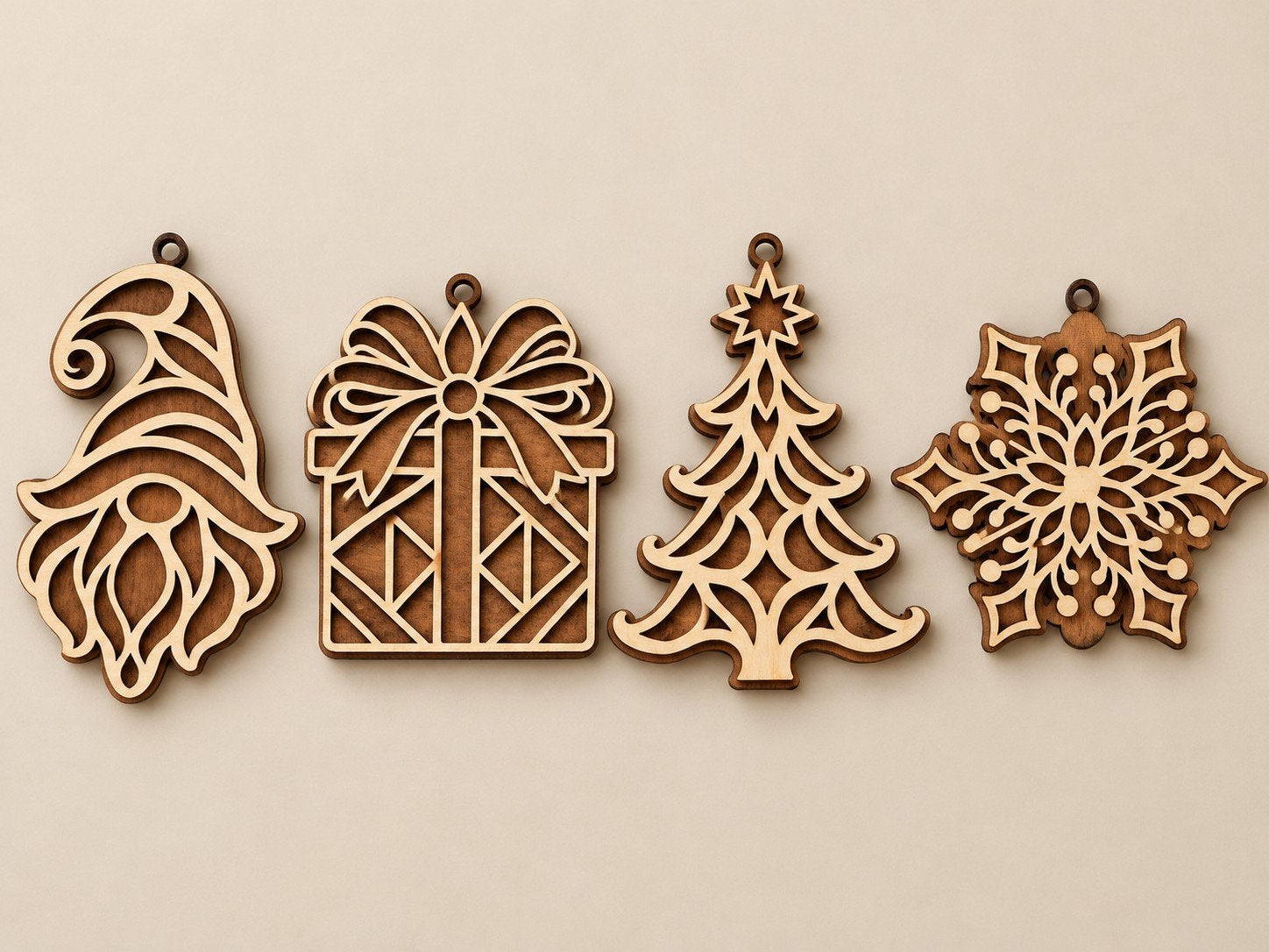 Houten kerstornamenten 2 laags | Set 4 | Luxe kersthangers, Diversen, Verzenden, Nieuw