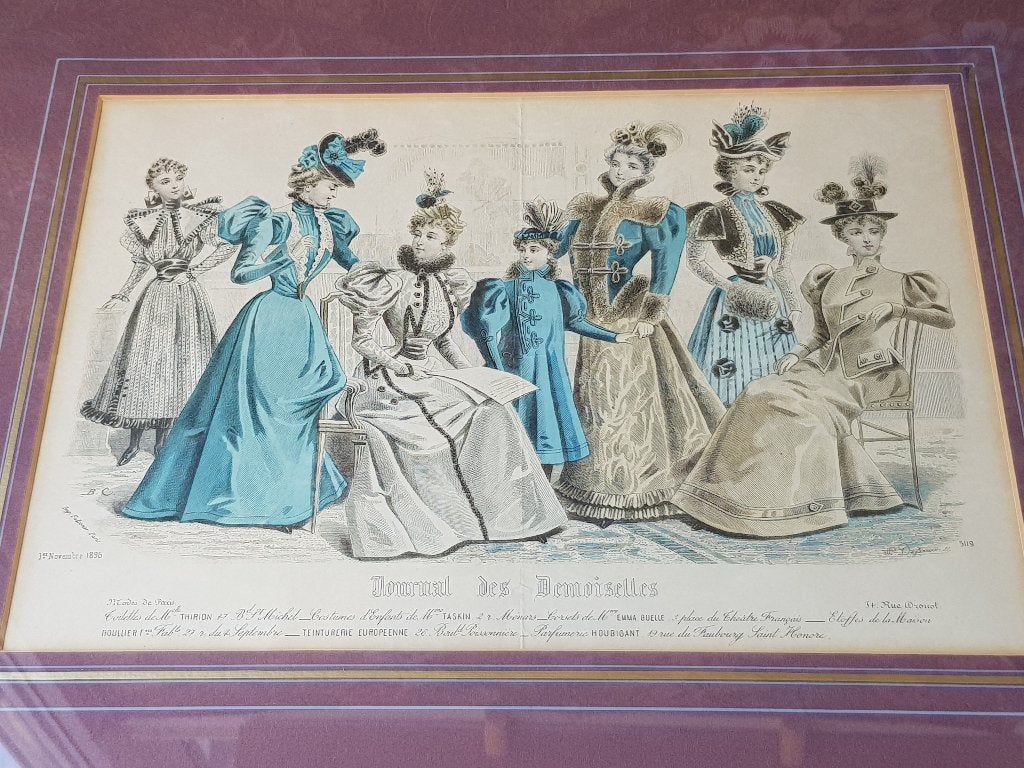 Mooie zeldzame antieke ingelijste mode gravure uit Frankrijk, 1800 - 1899, Mode, Met tekst, Ophalen of Verzenden