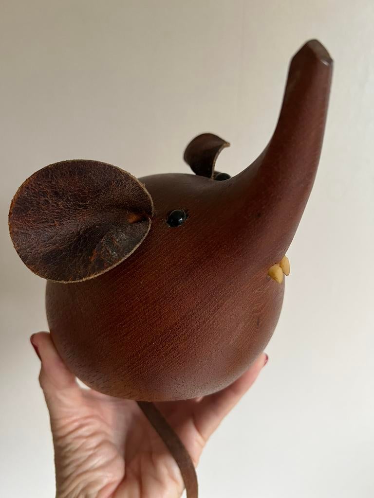 Vintage XXL Denmark H + F Teakhouten Muis Leren Oren Staart, Ophalen of Verzenden