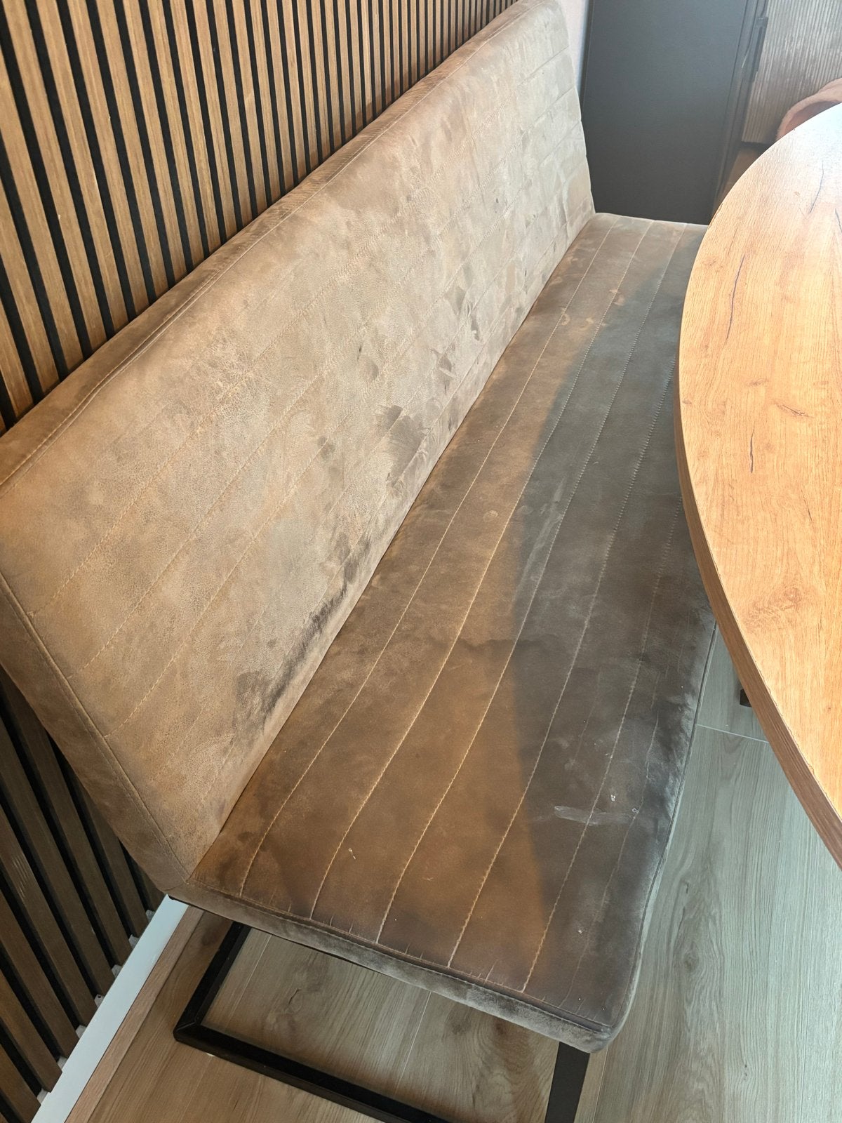 Bruin-grijze eetkamerbank met zwart onderstel (170 cm), Ophalen, Gebruikt, 150 tot 200 cm, Rechte bank