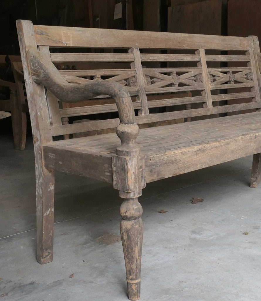 Antieke stationsbank RQ37 oud hout teak bank tuin Ibiza Bali, Ophalen of Verzenden