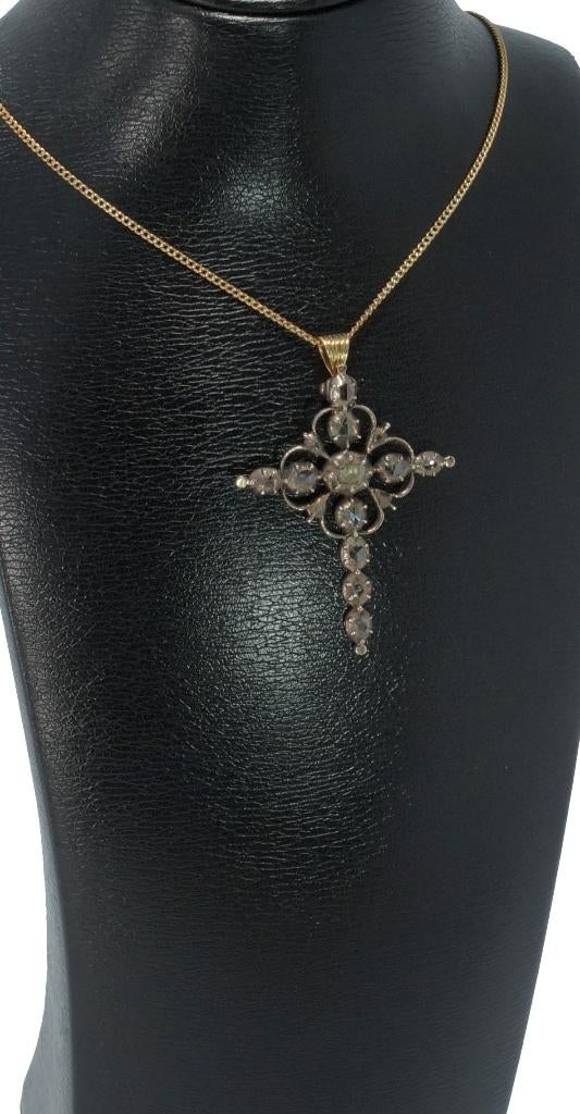 Diamanten antieke fraaie 14k gouden kruis ketting hanger, Verzenden, Goud, Hanger, Met edelsteen