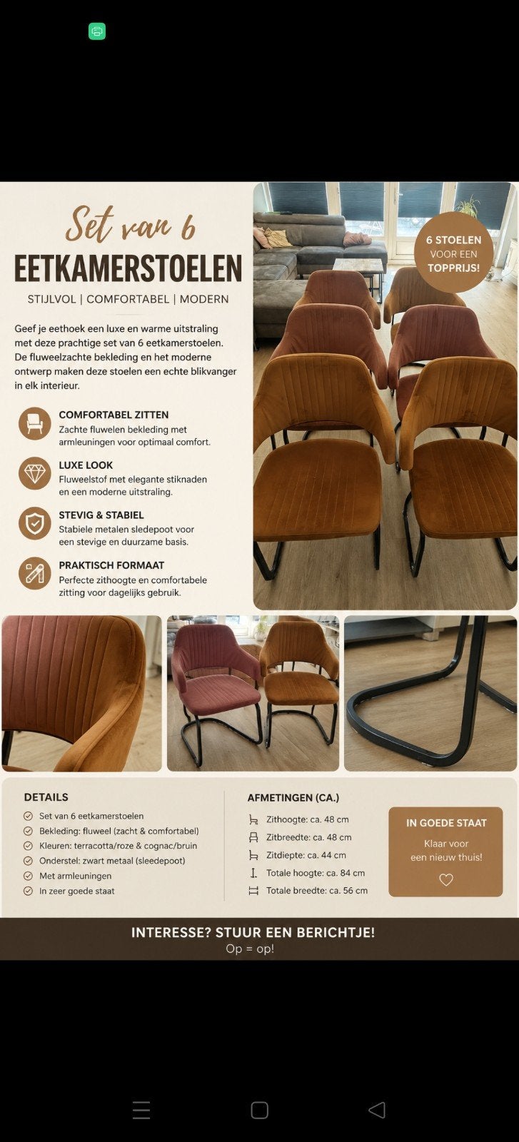 6 velvet stoelen 4 keer bruin 2 x roze, Ophalen of Verzenden, Zo goed als nieuw, Overige kleuren