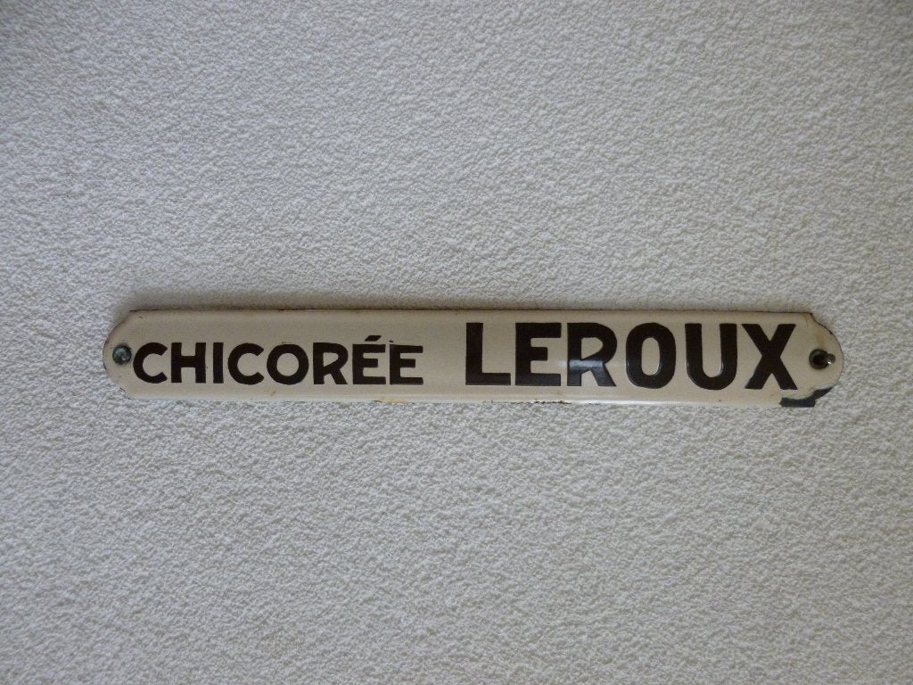 EMAILLE DEURPOST BORDJE"CHICOREE LEROUX"UIT JAREN 30, Ophalen of Verzenden, Gebruikt, Reclamebord