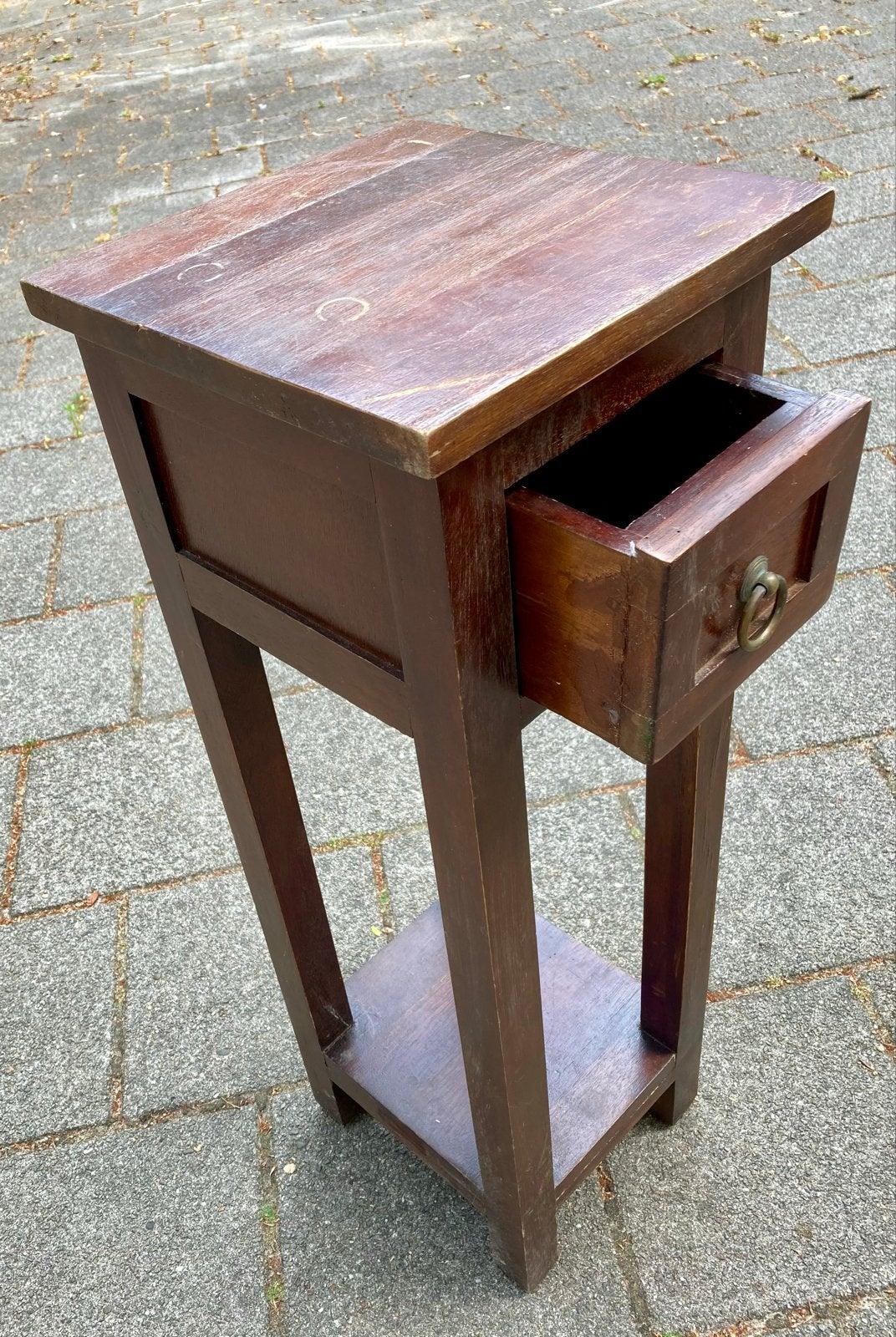 Hoge houten planten/bijzettafel met kleine lade, Antiek en Kunst, Ophalen