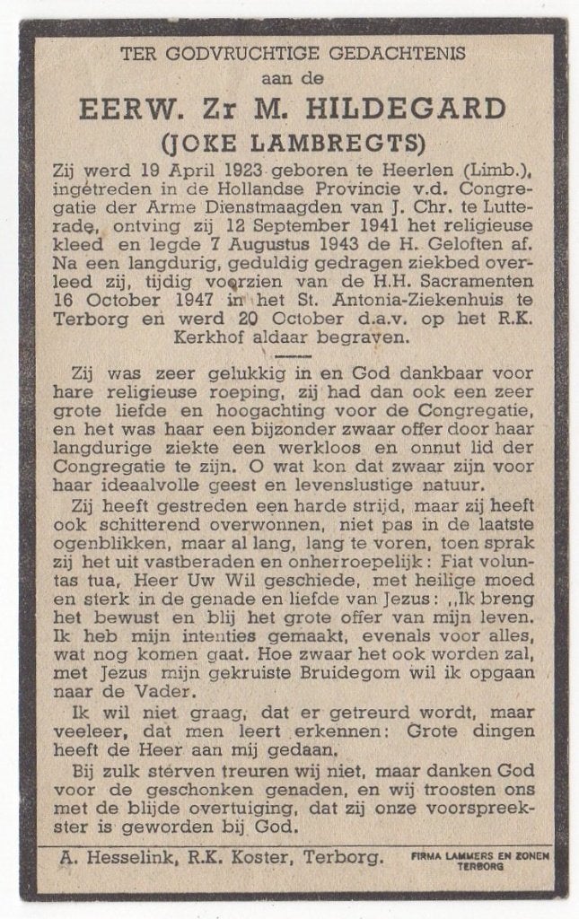 zr. Joke Lambregts 1923 Heerlen + 1947 Terborg, 24 jaar oud, Verzenden