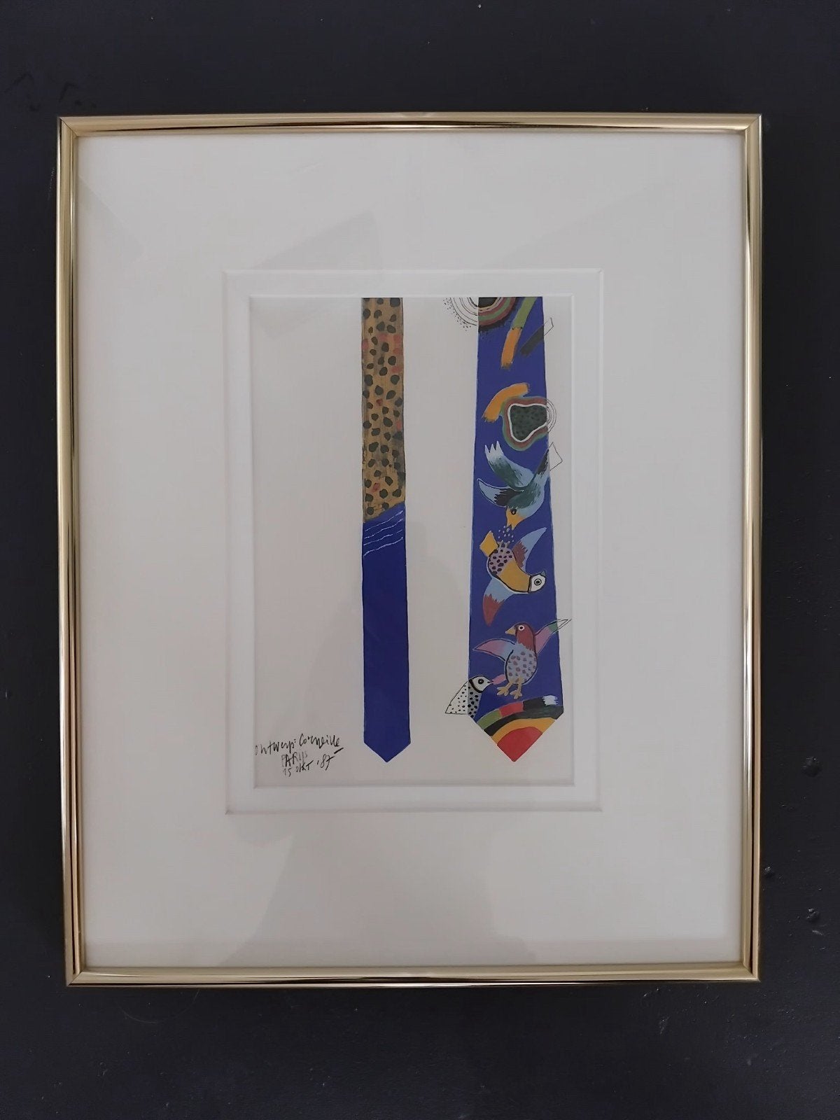 Corneille - 'Vogeltjes'-stropdas ontwerp (1987), Antiek en Kunst, Ingelijst, Ophalen, Dieren en Natuur, Lithografie
