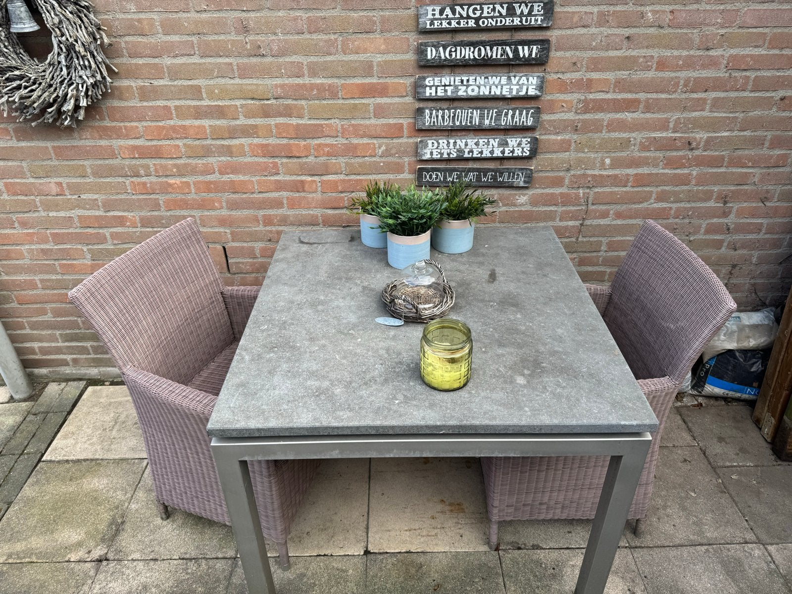 Bistroset: vierkante tafel (RVS)met twee stoelen, Ophalen, Gebruikt, Vierkant, Metaal
