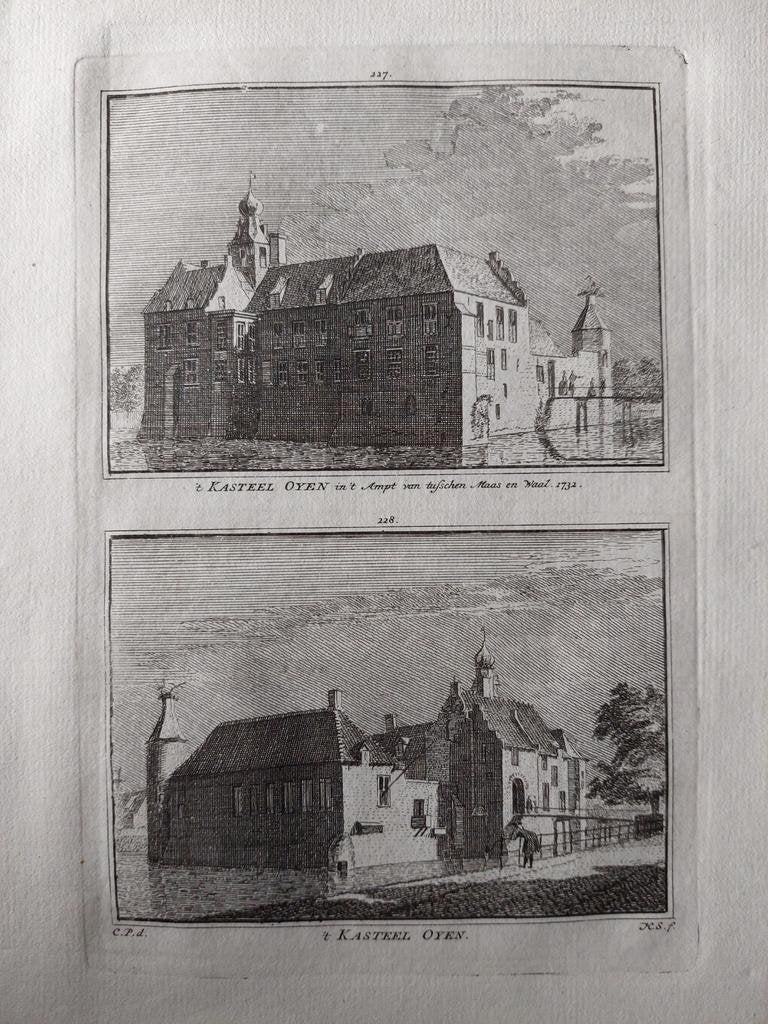 227-228 / Kasteel Oyen in Ampt tusschen Maas en Waal Gravure, Antiek en Kunst, Ophalen of Verzenden