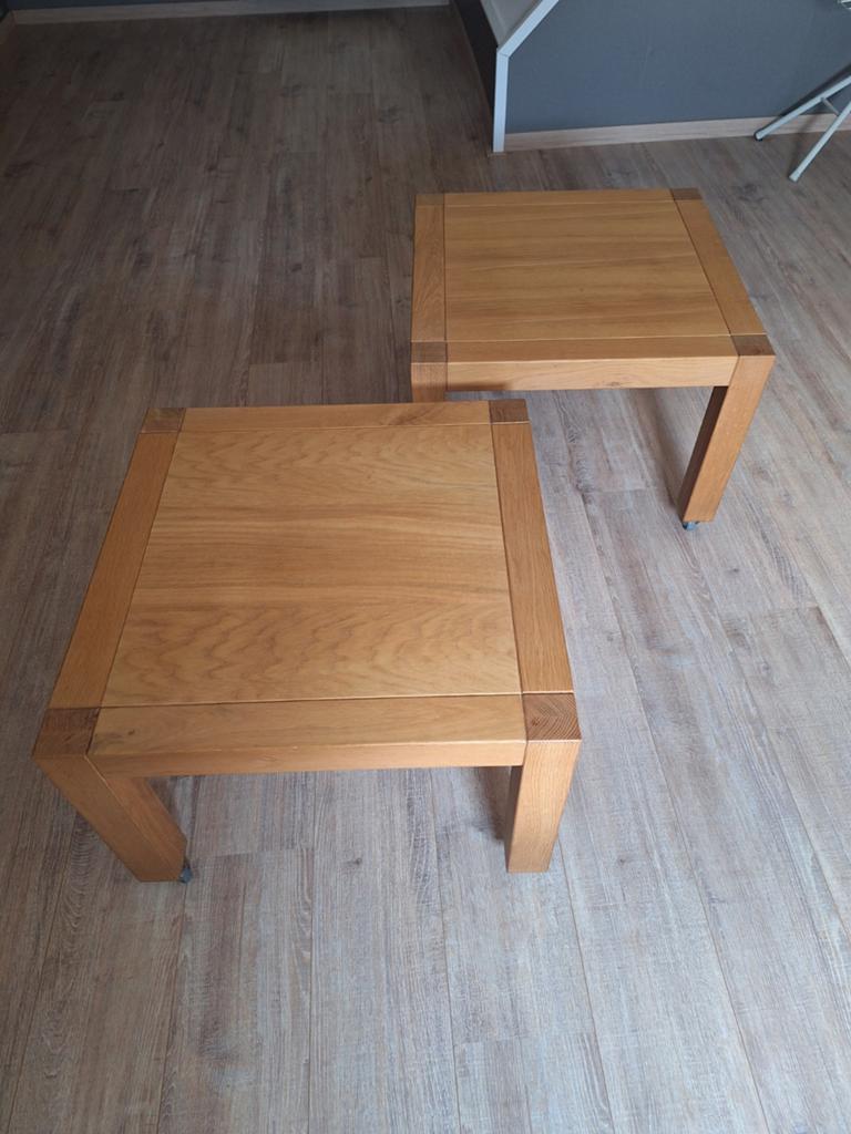 Set van 2 massief eiken bijzettafels met wieltjes, Ophalen, 50 tot 100 cm, 50 tot 100 cm, Zo goed als nieuw