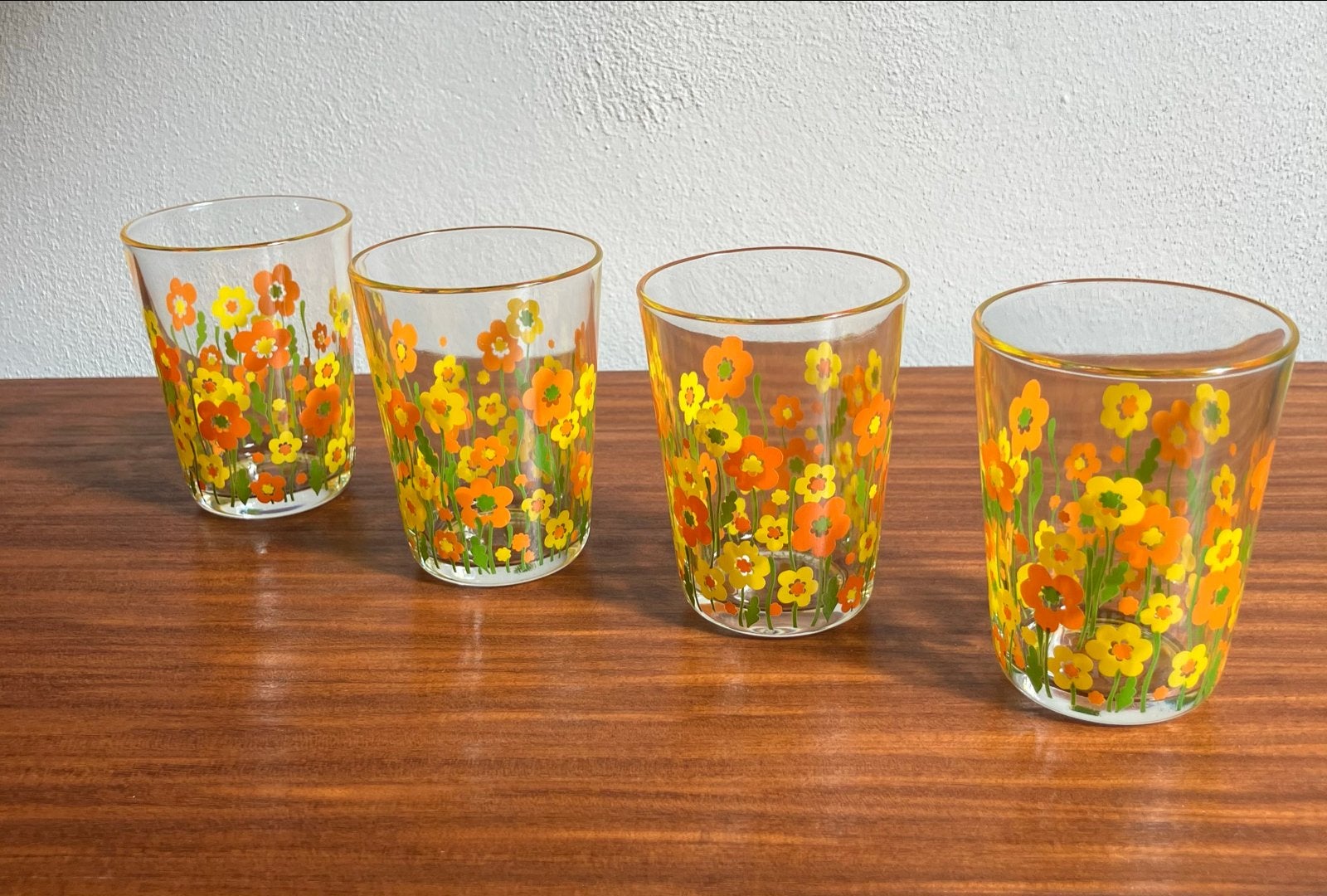 Set van 4 vintage bloemen glazen oranje geel, Ophalen of Verzenden