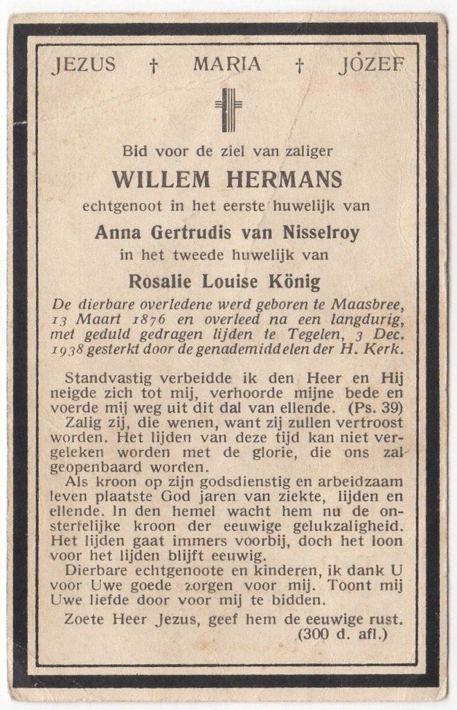 Willem Hermans  1876 Maasbree + 1938 Tegelen, 62 jaar, Verzenden
