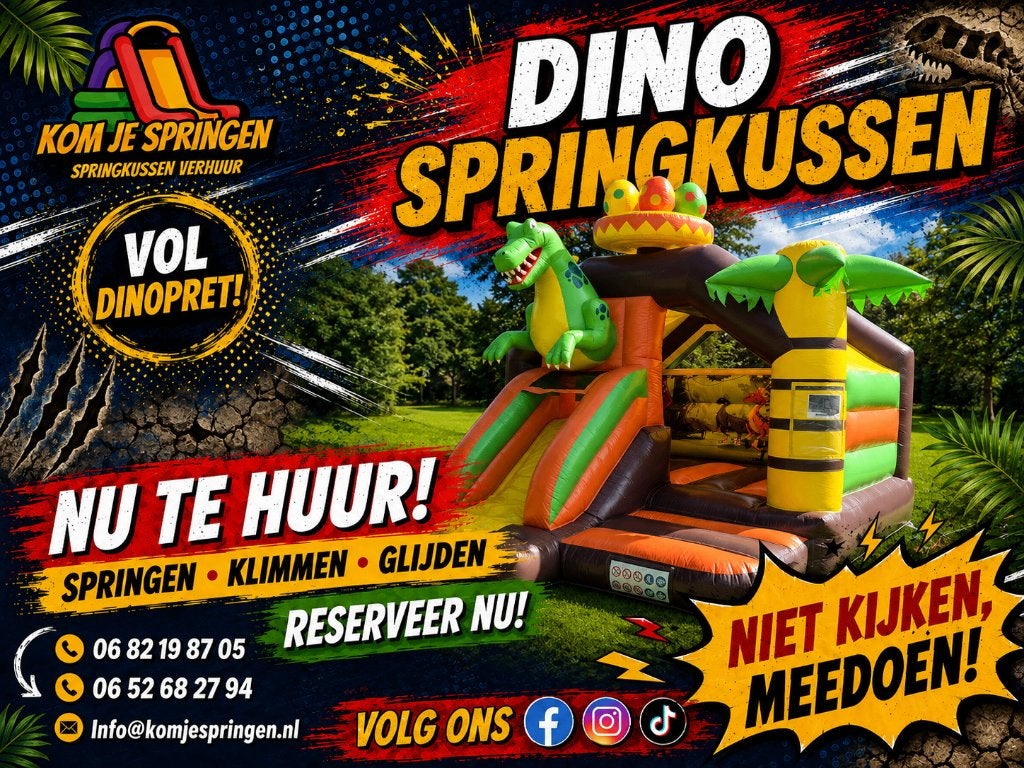 Dino Springkussen huren Met glijbaan voor kinderfeestjes, Hobby en Vrije tijd, Ophalen of Verzenden, Zo goed als nieuw, Overige
