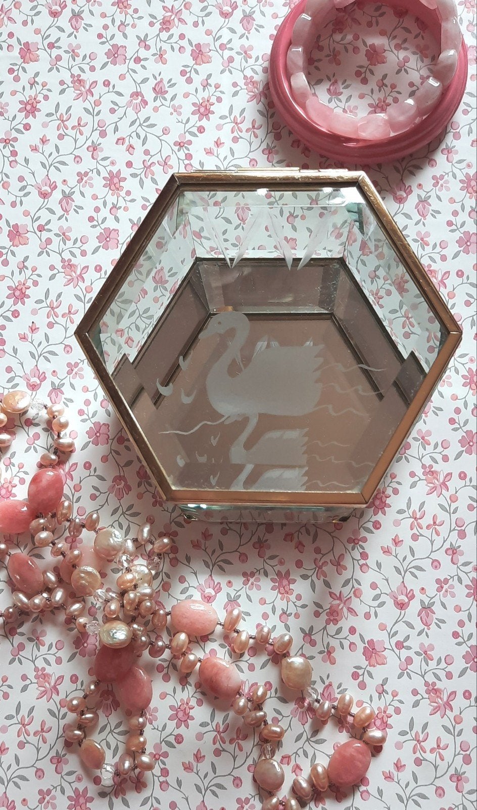 Vintage glas en messing sieradendoosje met zwaanmotief, Ophalen of Verzenden