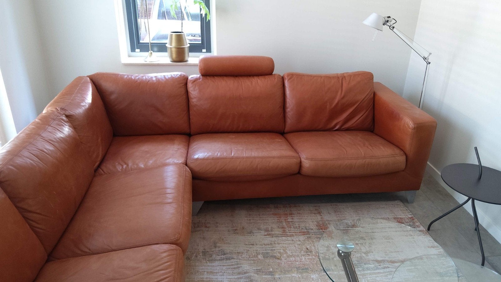 Hoekbank Machalke leer 2.6x2.6 meter, Ophalen, 250 tot 300 cm, Gebruikt, Hoekbank