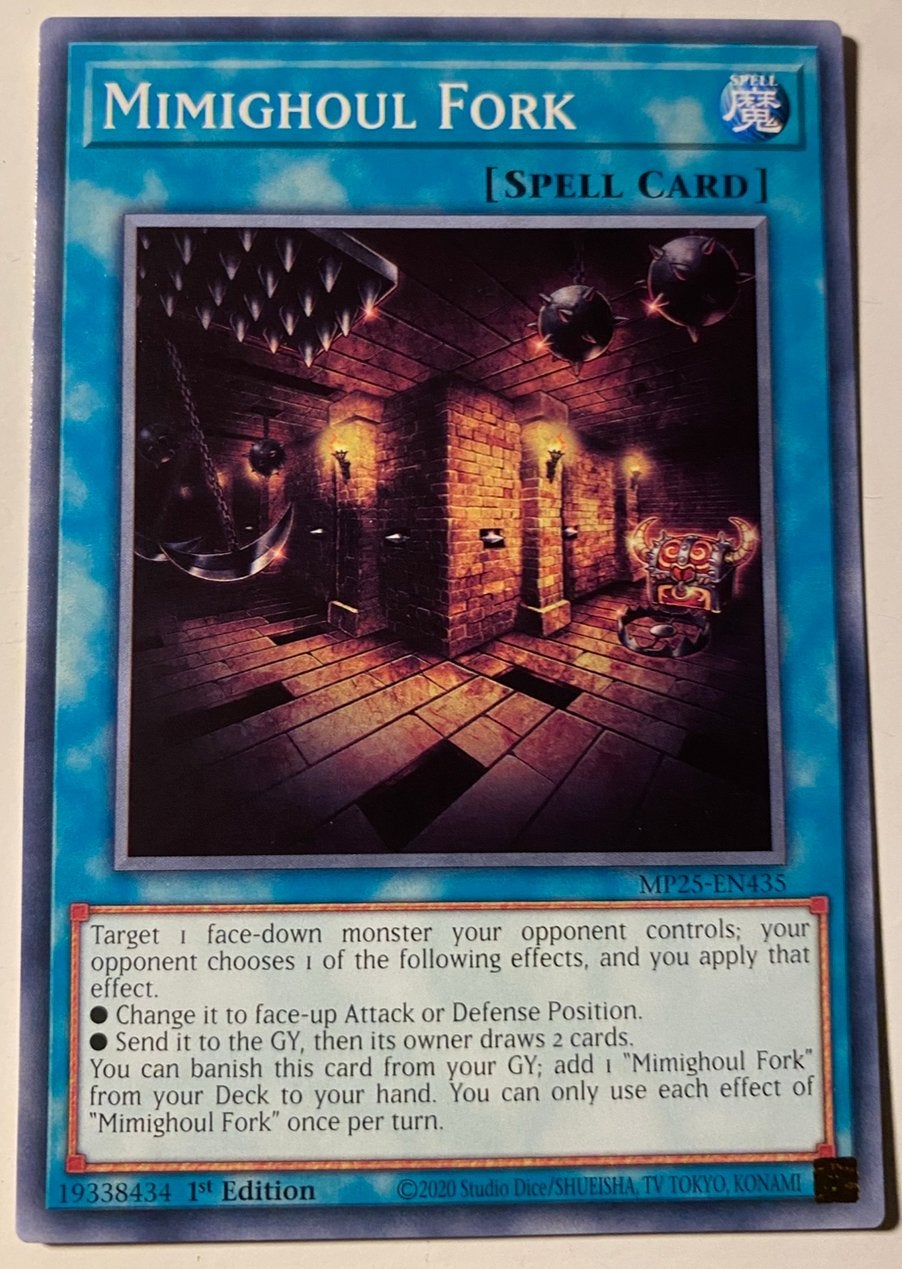 Yu-Gi-Oh! Mimighoul Fork MP25 1st Edition !, Ophalen of Verzenden, Zo goed als nieuw, Losse kaart