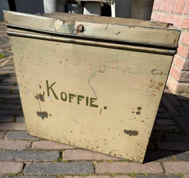 Vintage metalen koffie blik - kist groen-beige Authentiek, Ophalen