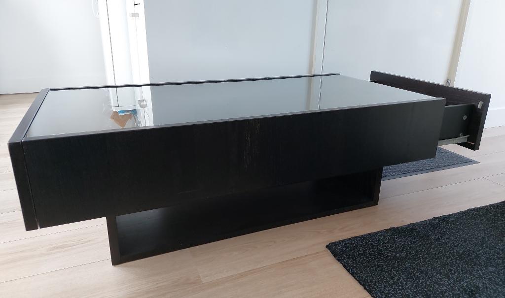 Salontafel zwart met lades hout/glas, Huis en Inrichting, Tafels | Salontafels, Ophalen, Gebruikt, 100 tot 150 cm, Glas
