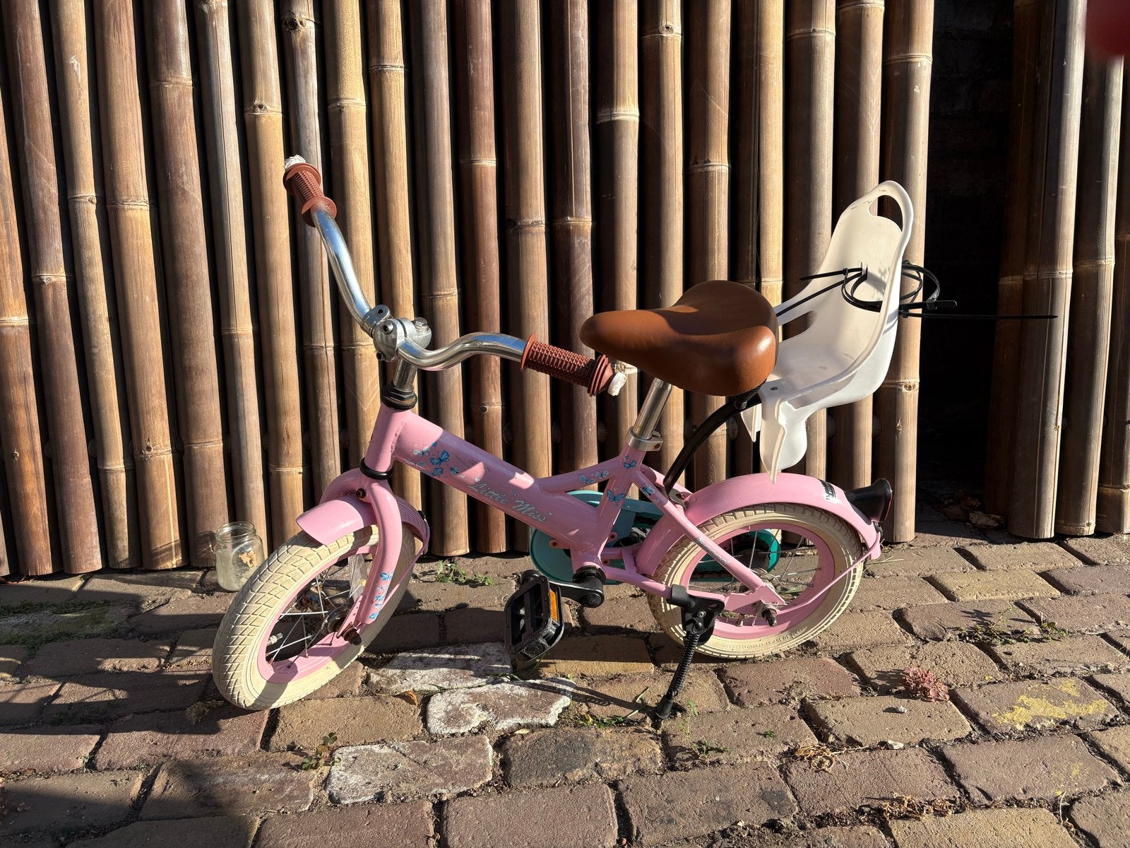 Roze kinderfiets 'Little Miss' met zitje en standaard, Ophalen, Gebruikt, Terugtraprem, Minder dan 16 inch