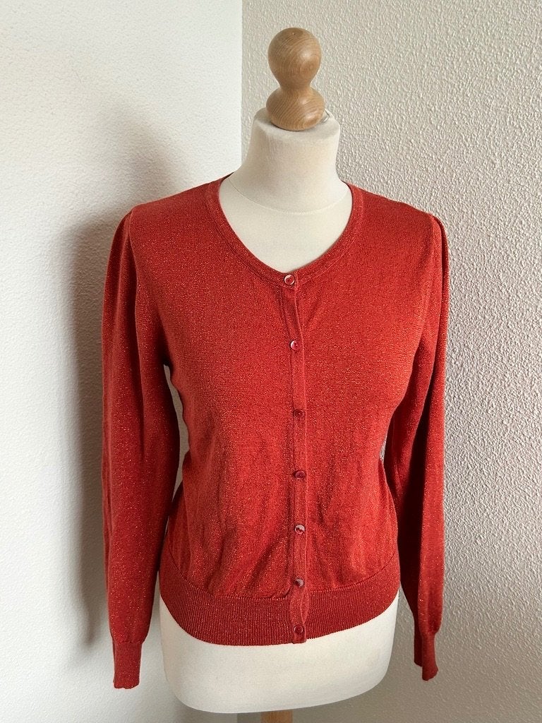 King Louie maat L roest rode glitter vest cardigan 2775, Maat 42/44 (L), Oranje, Ophalen of Verzenden, Zo goed als nieuw